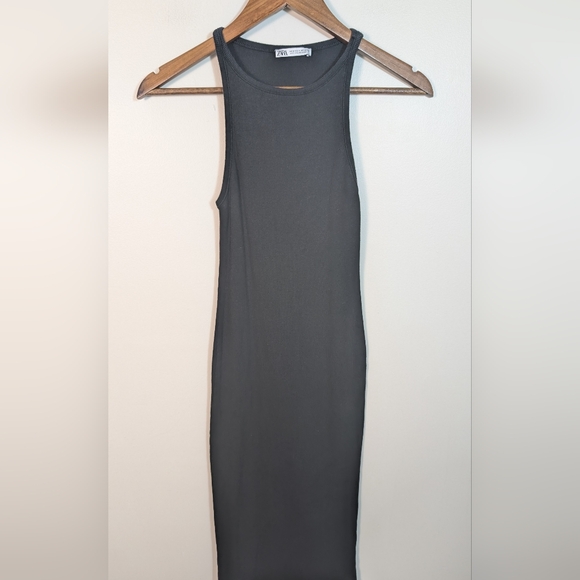ZARA Black Ribbed Cotton Sleeveless Slim Fit Midi Dress - Picture 6 of 6